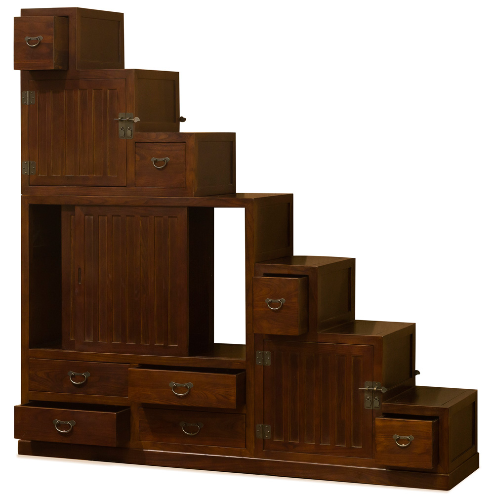 Mahogany Finish Elmwood Grand Japanese Step Tansu Chest