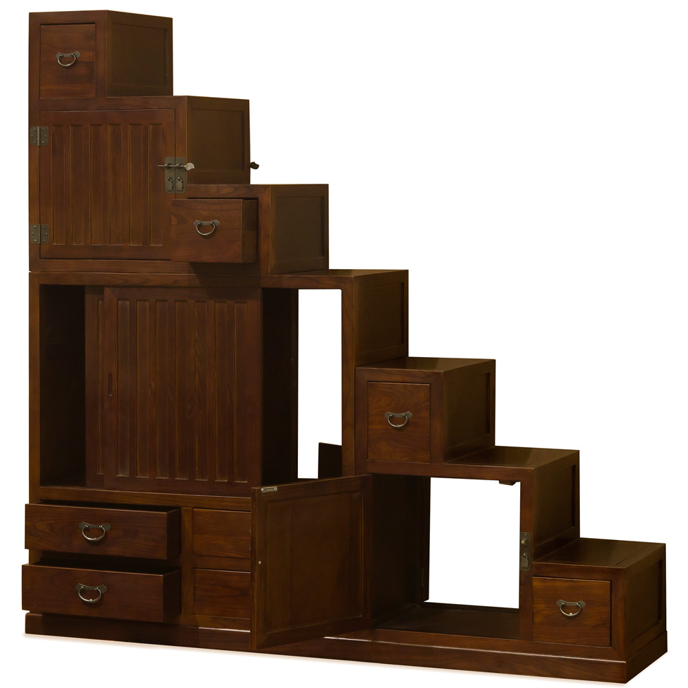 Mahogany Finish Elmwood Grand Japanese Step Tansu Chest