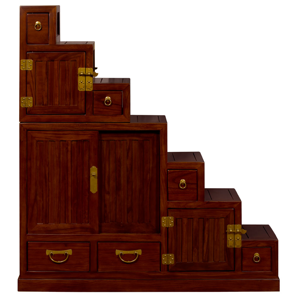 Mahogany Finish Elmwood Japanese Style Step Tansu Chest