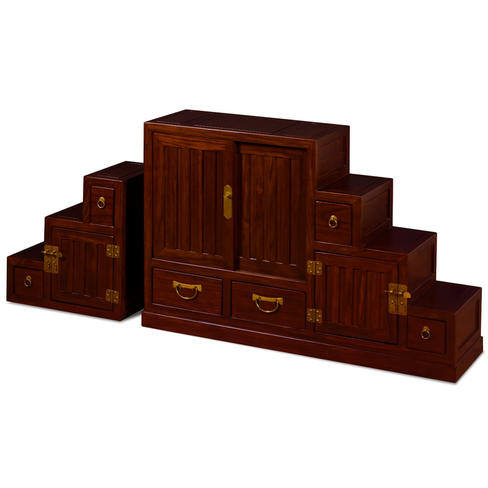 Mahogany Finish Elmwood Japanese Style Step Tansu Chest