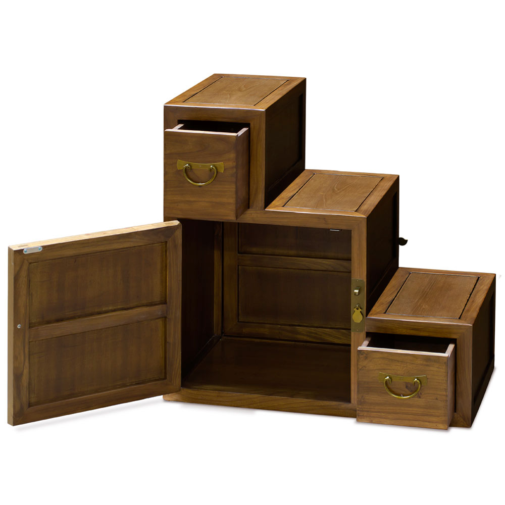 Walnut Finish Elmwood Mini Japanese Tansu Chest