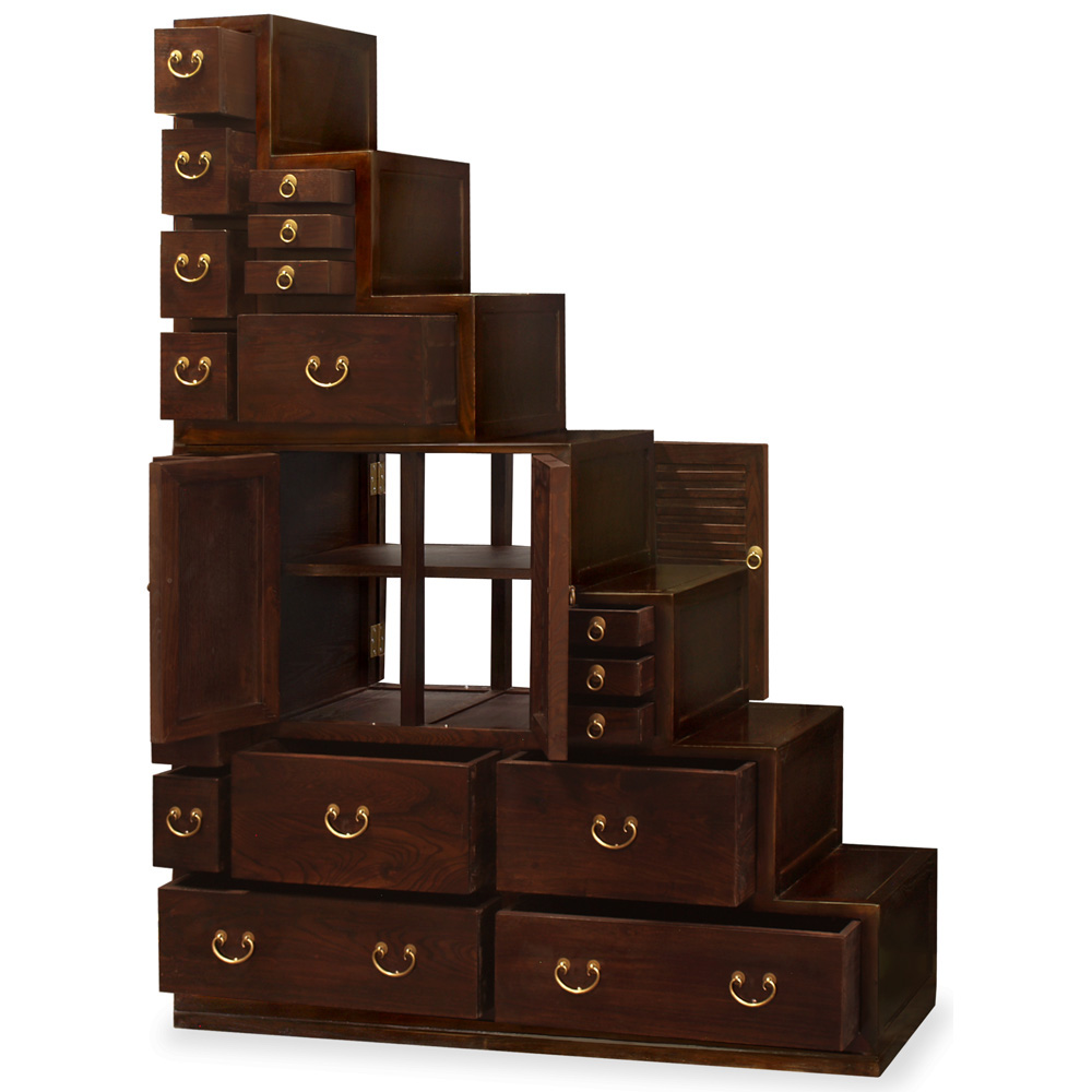 Tea Finish Elmwood Japanese Style Step Tansu