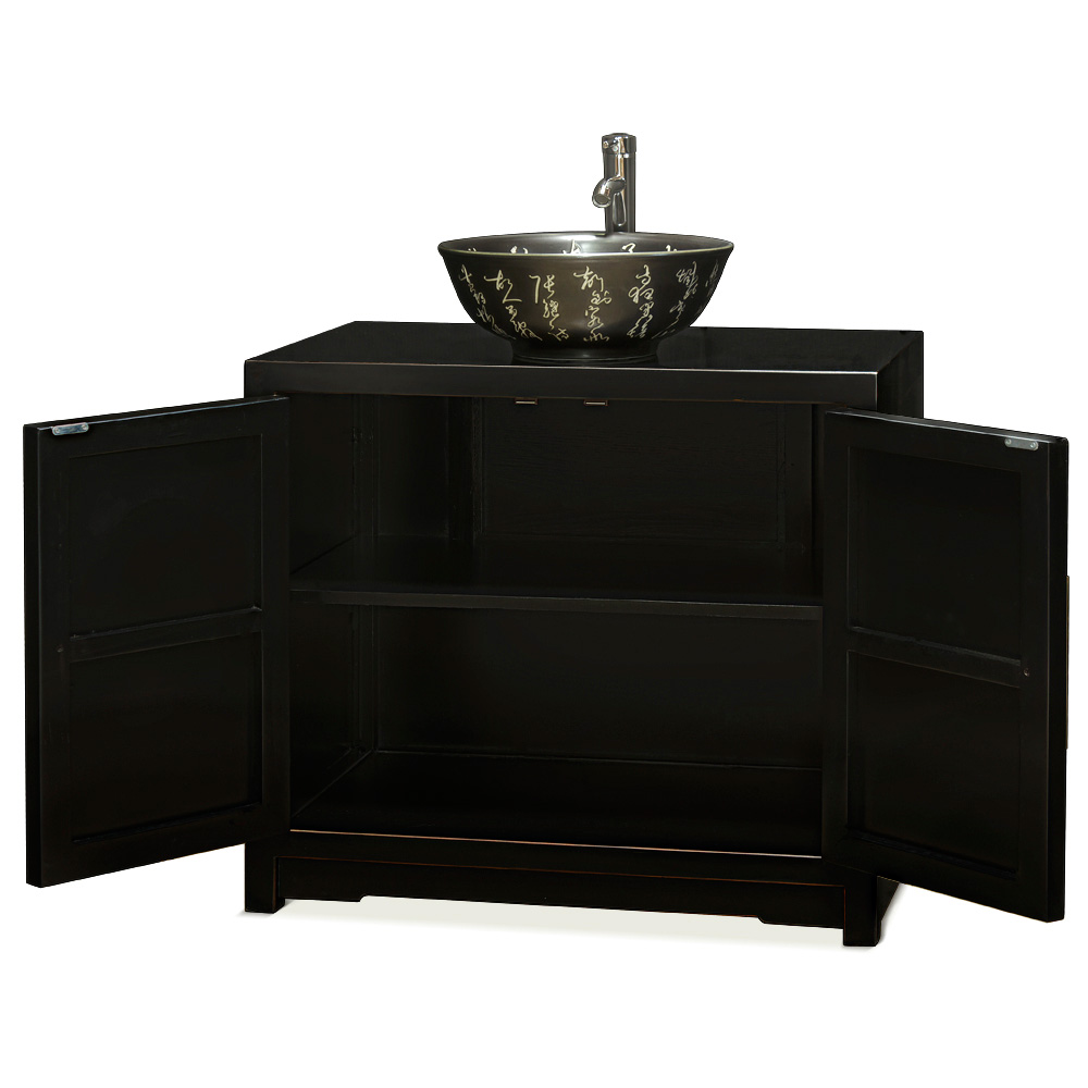 Distressed Black Elmwood Chinese Ming Vanity Cabinet