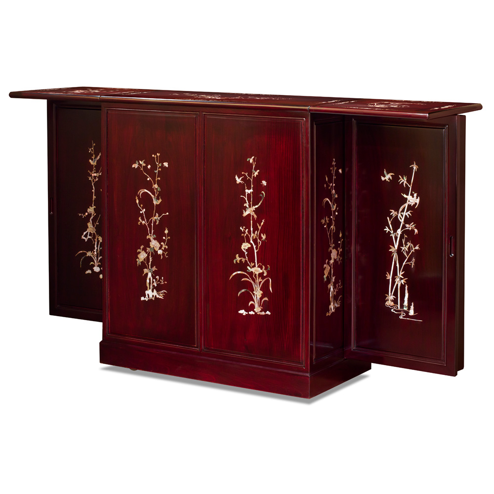 Dark Cherry Rosewood Mother of Pearl Inlay Oriental Bar Cabinet