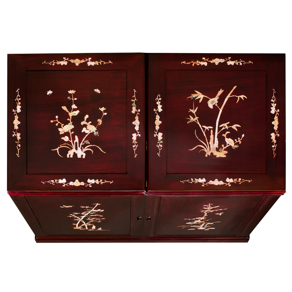 Dark Cherry Rosewood Mother of Pearl Inlay Oriental Bar Cabinet