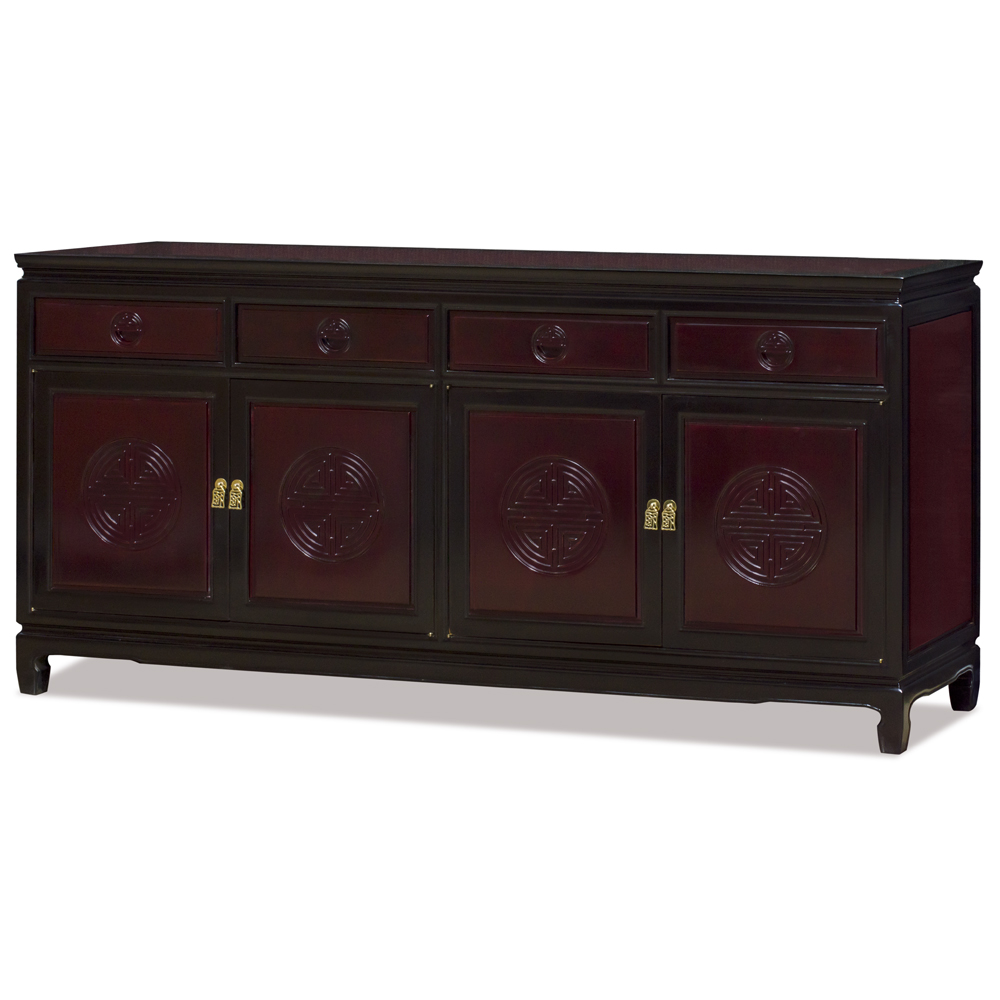 72 Inch Black Trim Dark Cherry Rosewood Chinese Longevity Motif Sideboard