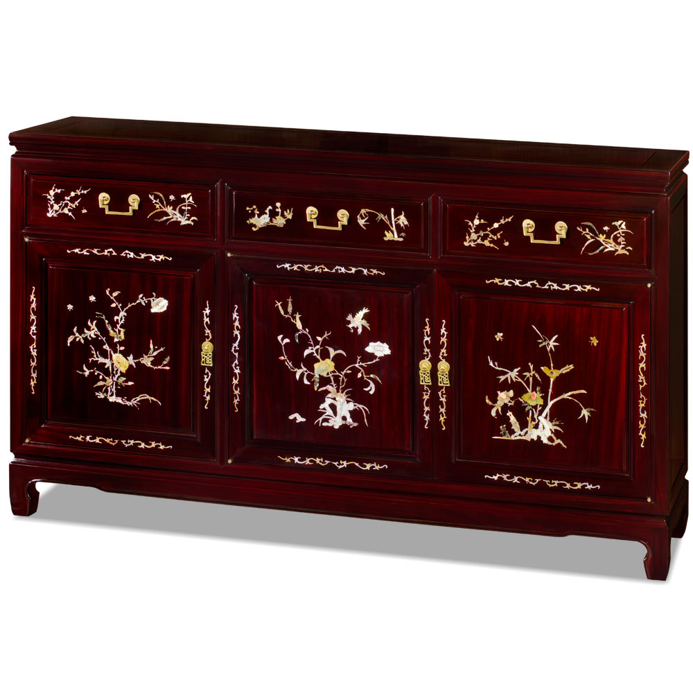 Cherry Rosewood Oriental Sideboard with Flower and Bird Mother of Pearl Inlay