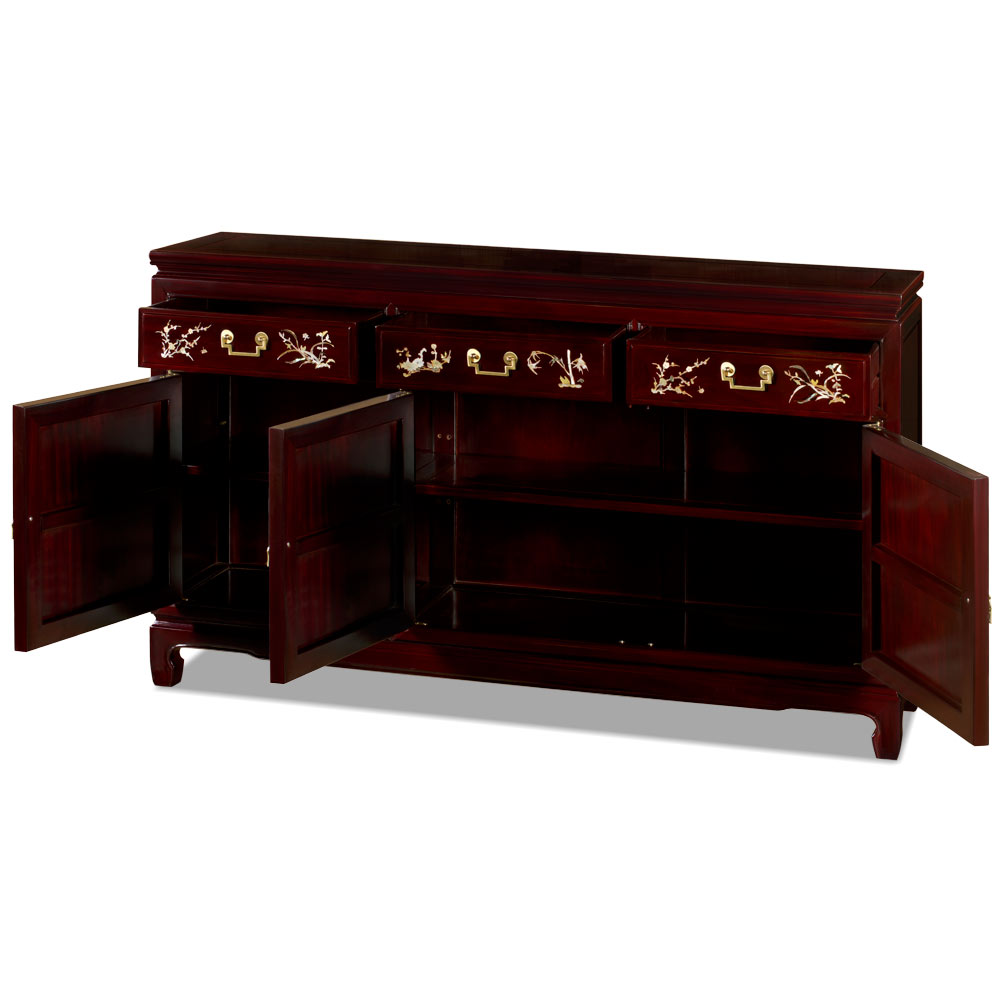 Cherry Rosewood Oriental Sideboard with Flower and Bird Mother of Pearl Inlay