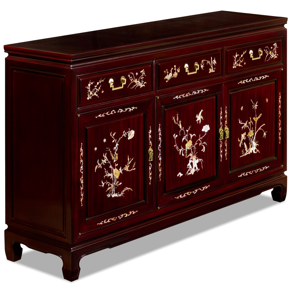 Cherry Rosewood Oriental Sideboard with Flower and Bird Mother of Pearl Inlay