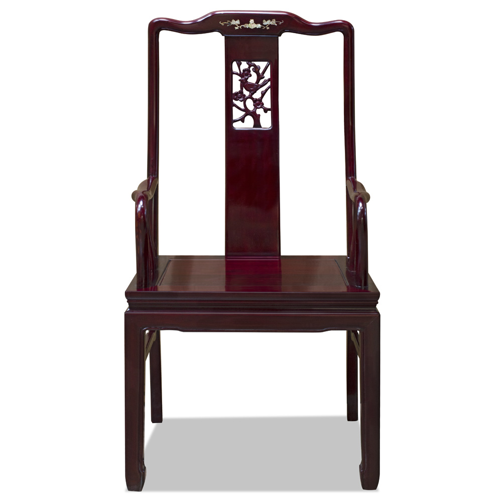 Dark Cherry Rosewood Flower and Bird Oriental Arm Chair with Flower Mother of Pearl Inlay