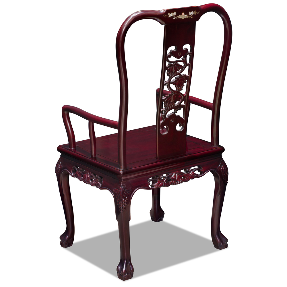 Dark Cherry Rosewood Grape Vine Oriental Arm Chair with Flower Mother of Pearl Inlay