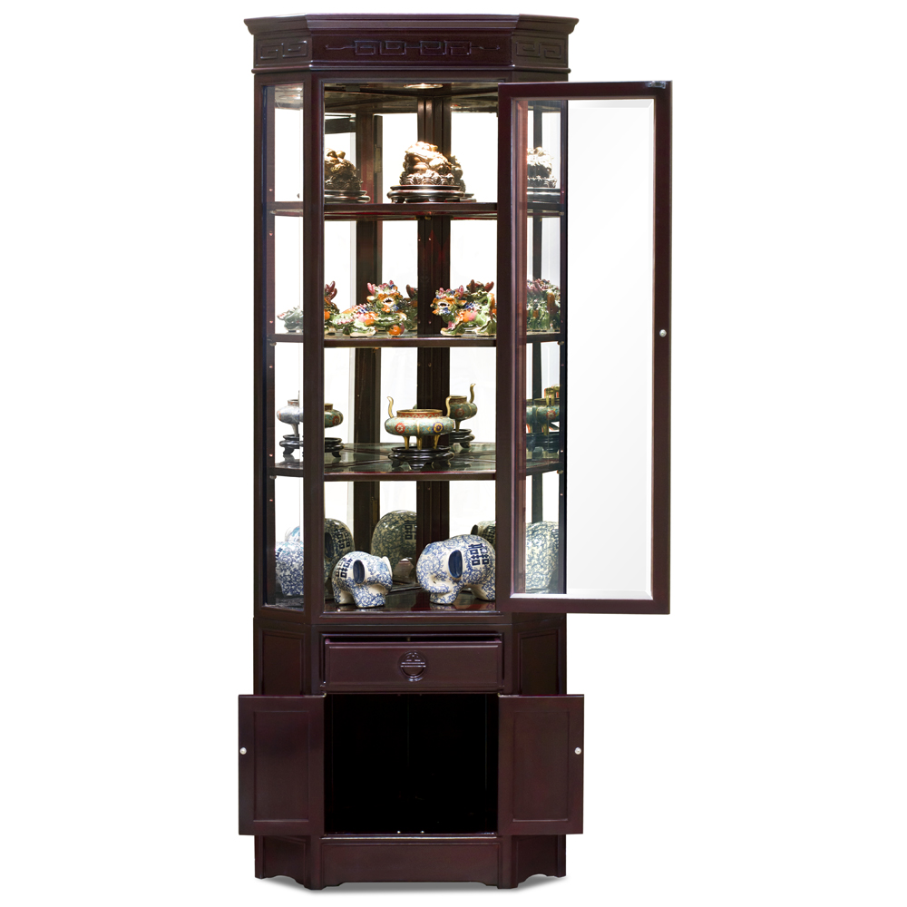 Dark Cherry Rosewood Chinese Longevity Corner Display Cabinet