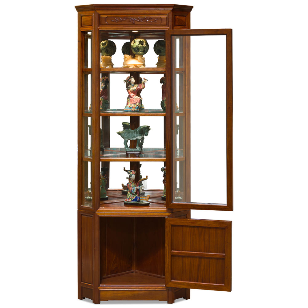 Natural Finish Rosewood Chinese Bird and Flower Corner Display Cabinet