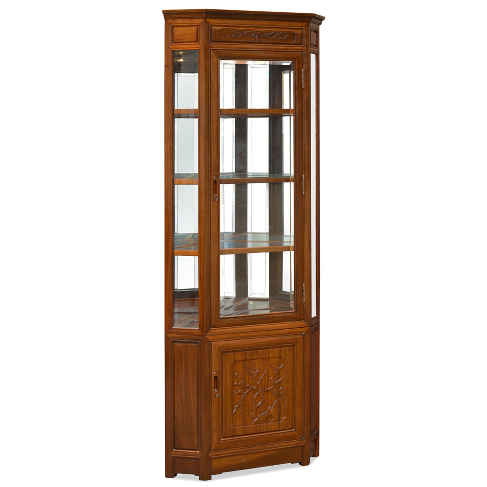 Natural Finish Rosewood Chinese Bird and Flower Corner Display Cabinet