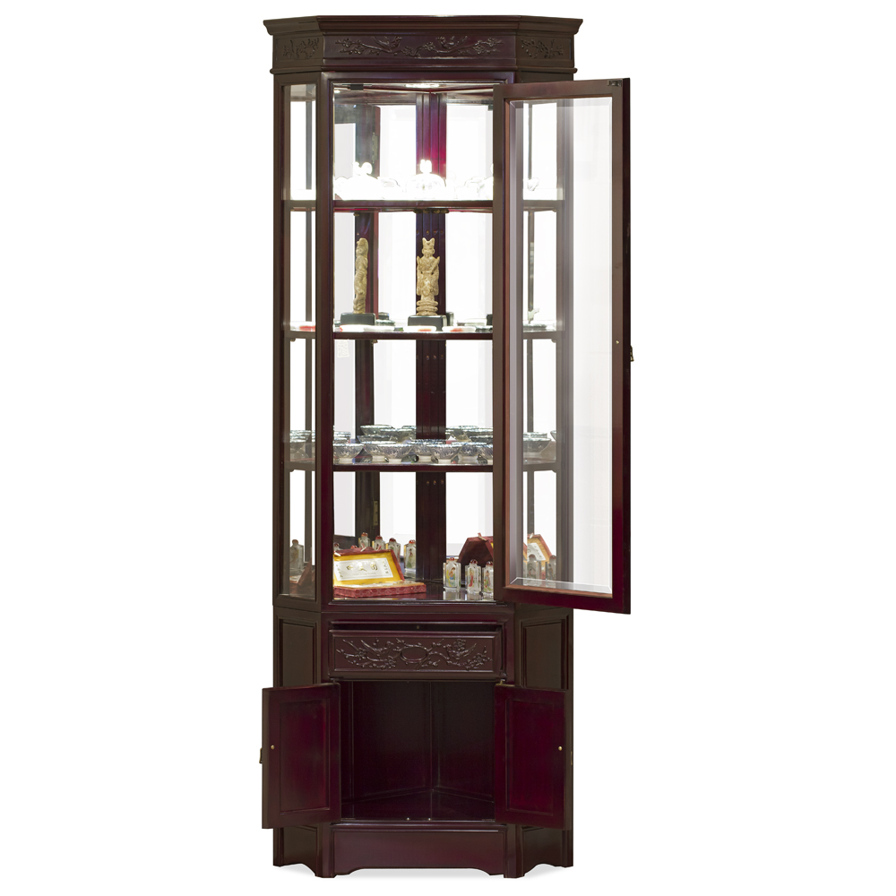 Dark Cherry Rosewood Flower and Bird Oriental Corner Display Cabinet