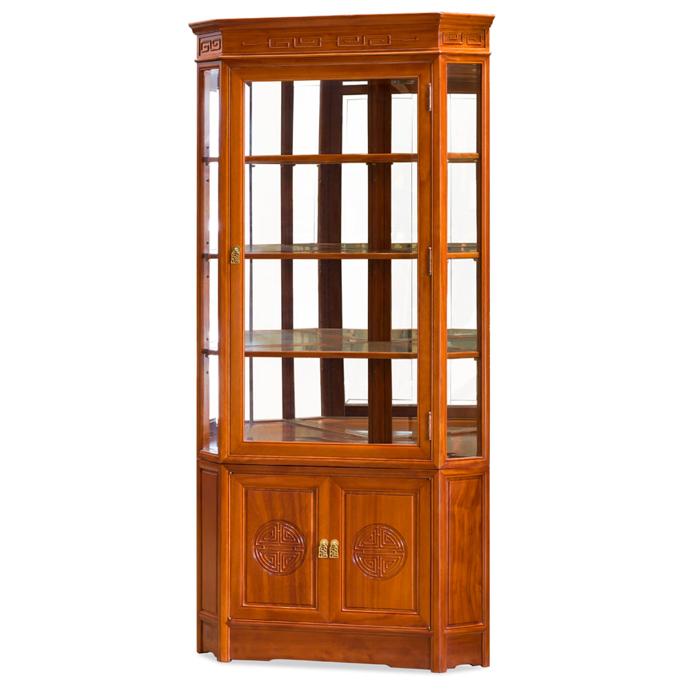 Natural Finish Rosewood Chinese Longevity Corner Display Cabinet