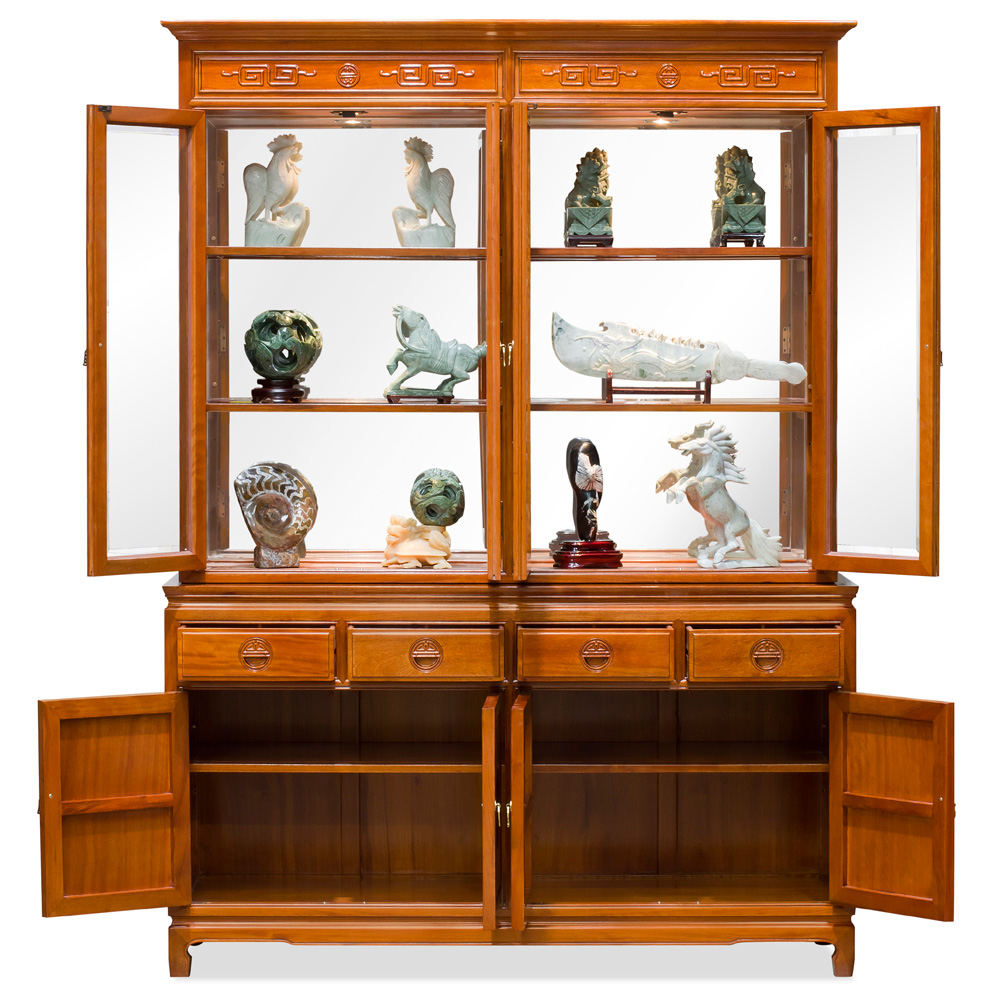 Natural Finish Rosewood Chinese Longevity China Cabinet