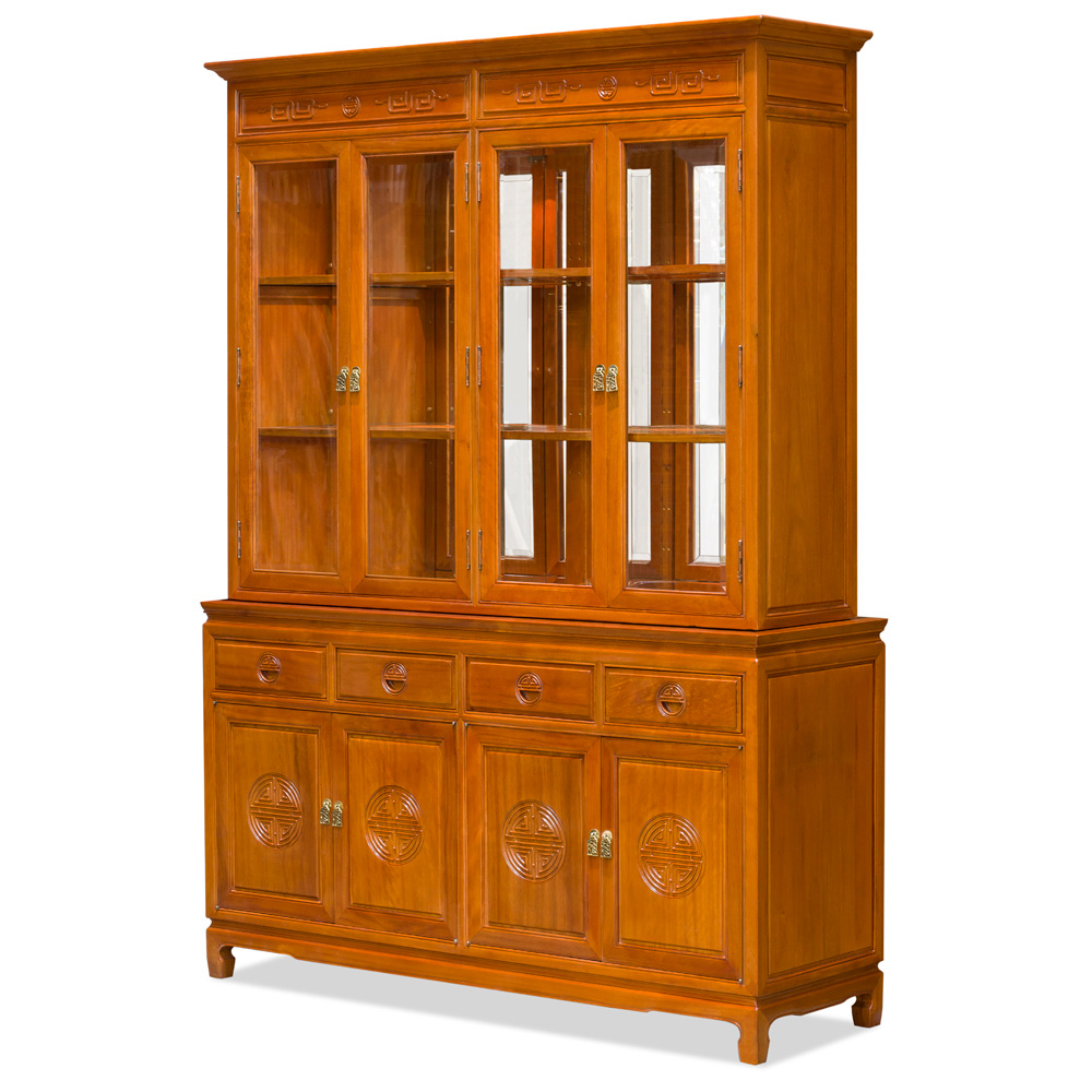 Natural Finish Rosewood Chinese Longevity China Cabinet