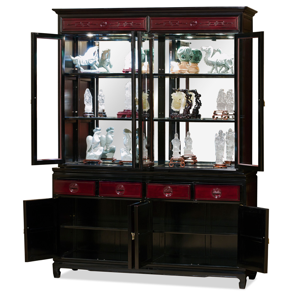 60 Inch Black Trim Dark Cherry Rosewood Chinese Longevity China Cabinet