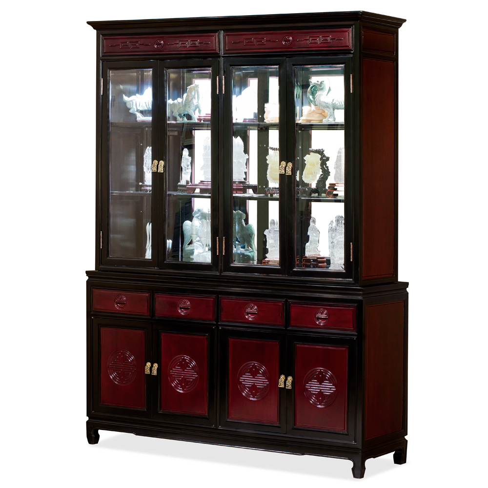 60 Inch Black Trim Dark Cherry Rosewood Chinese Longevity China Cabinet