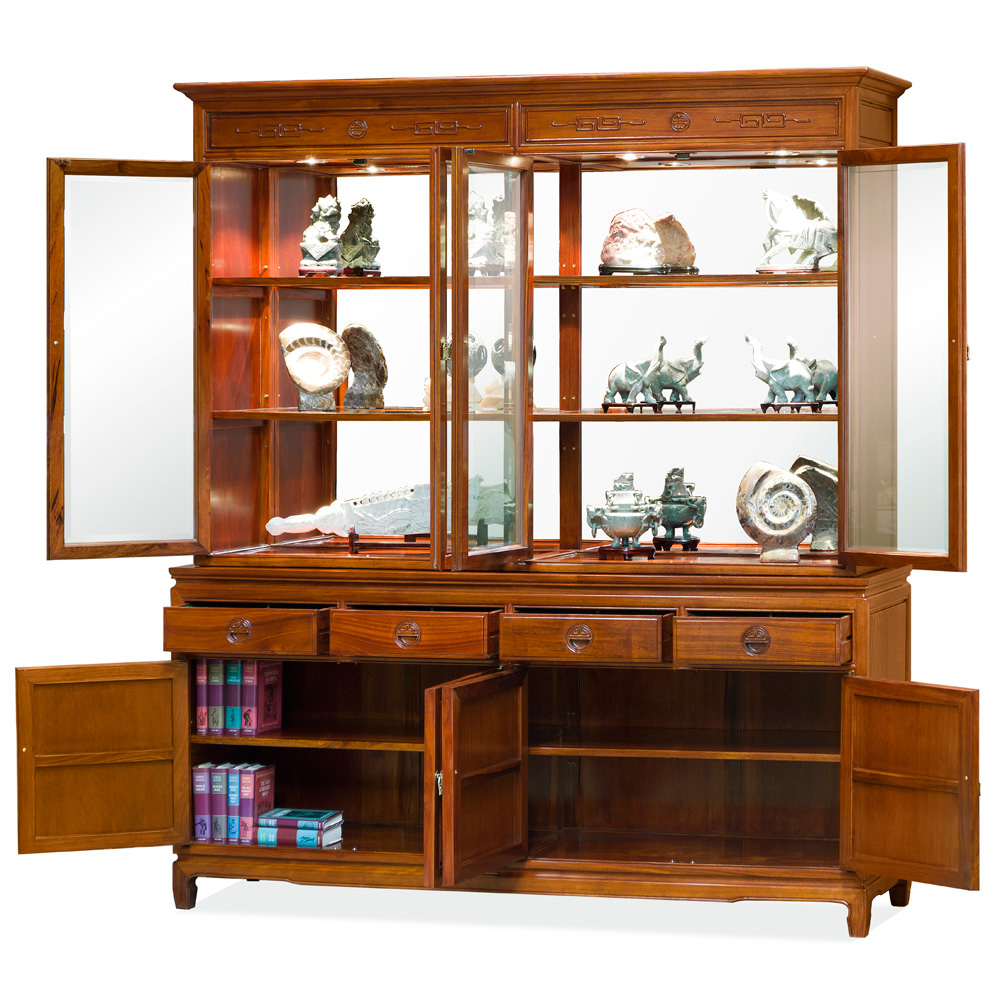 Natural Finish Rosewood Chinese Longevity China Cabinet