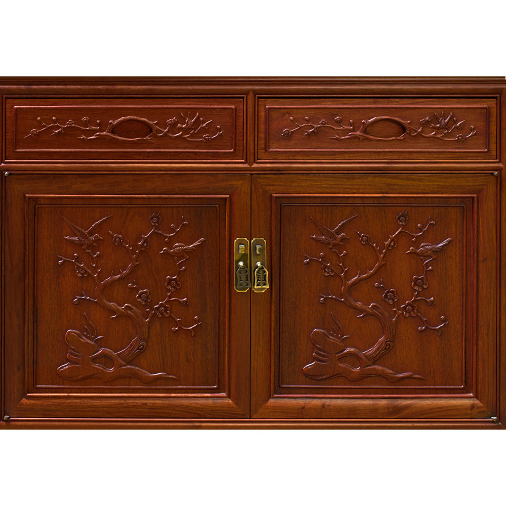 Light Cherry Finish Rosewood Flower and Bird Oriental China Cabinet