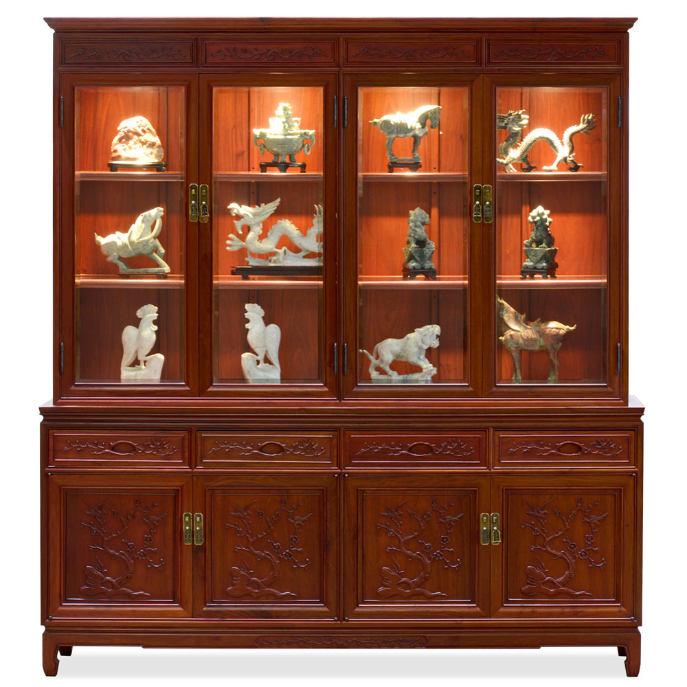 Light Cherry Finish Rosewood Flower and Bird Oriental China Cabinet