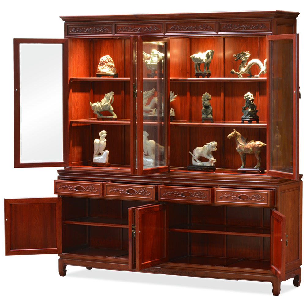 Light Cherry Finish Rosewood Flower and Bird Oriental China Cabinet