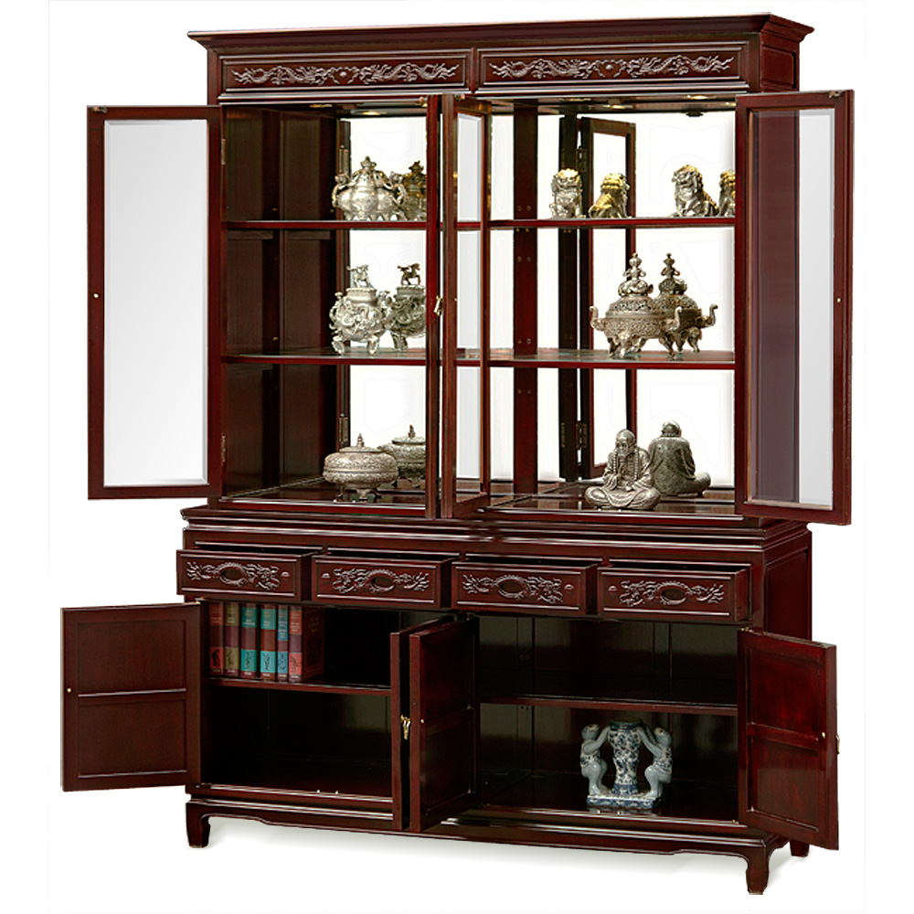 Dark Cherry Rosewood Dragon Oriental China Cabinet