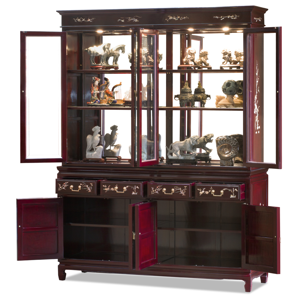 Dark Cherry Rosewood Oriental China Cabinet with Flower and Bird Mother of Pearl Inlay