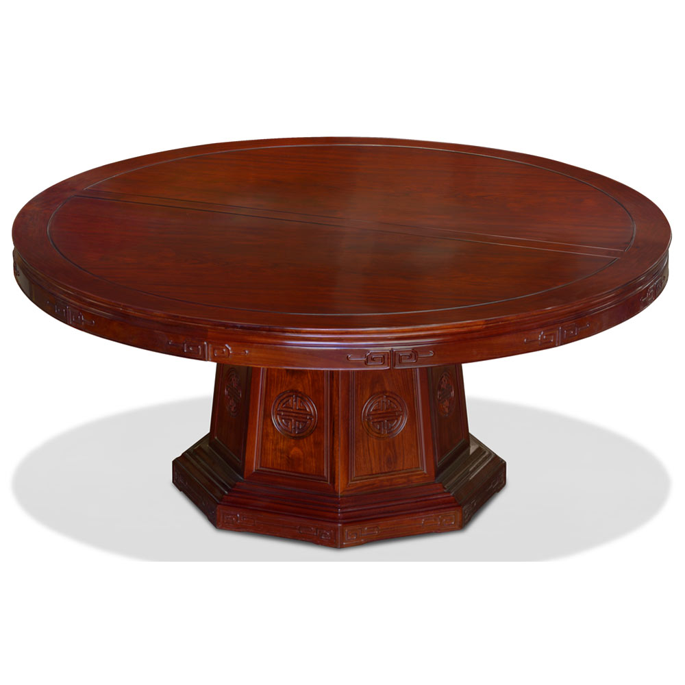 72in Red Cherry Finish Rosewood Longevity Motif Round Oriental Dining Set with 12 Chairs