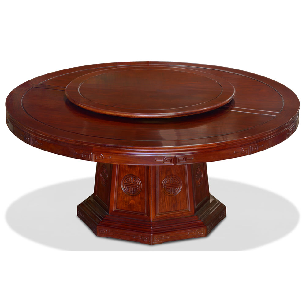 72in Red Cherry Finish Rosewood Longevity Motif Round Oriental Dining Set with 12 Chairs