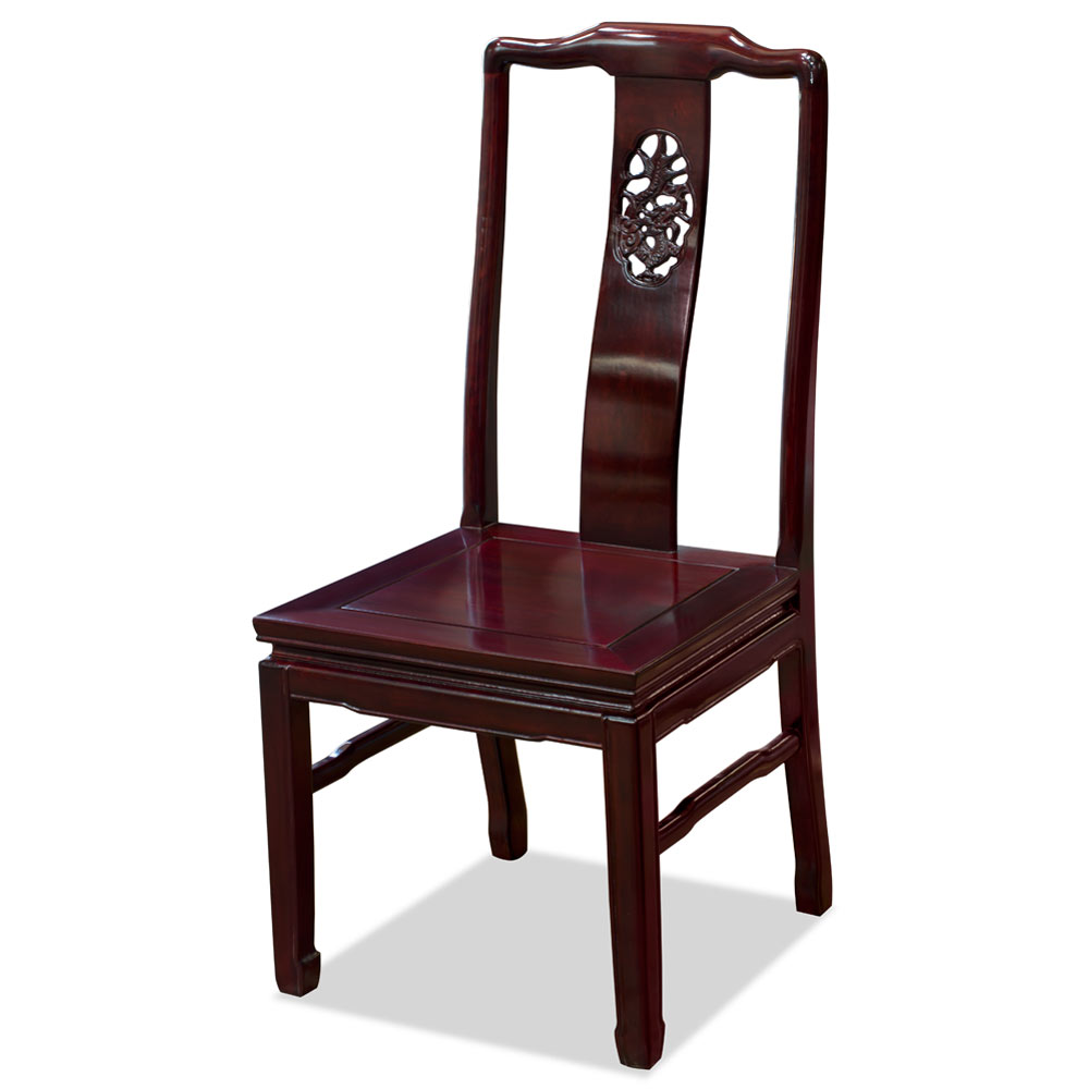 60in Dark Cherry Finish Rosewood Dragon Motif Round Oriental Dining Set with 6 Chairs