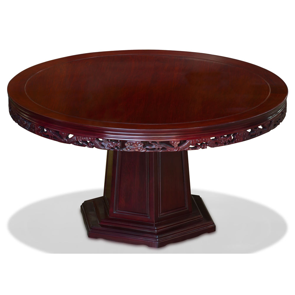 60in Dark Cherry Finish Rosewood Dragon Motif Round Oriental Dining Set with 6 Chairs