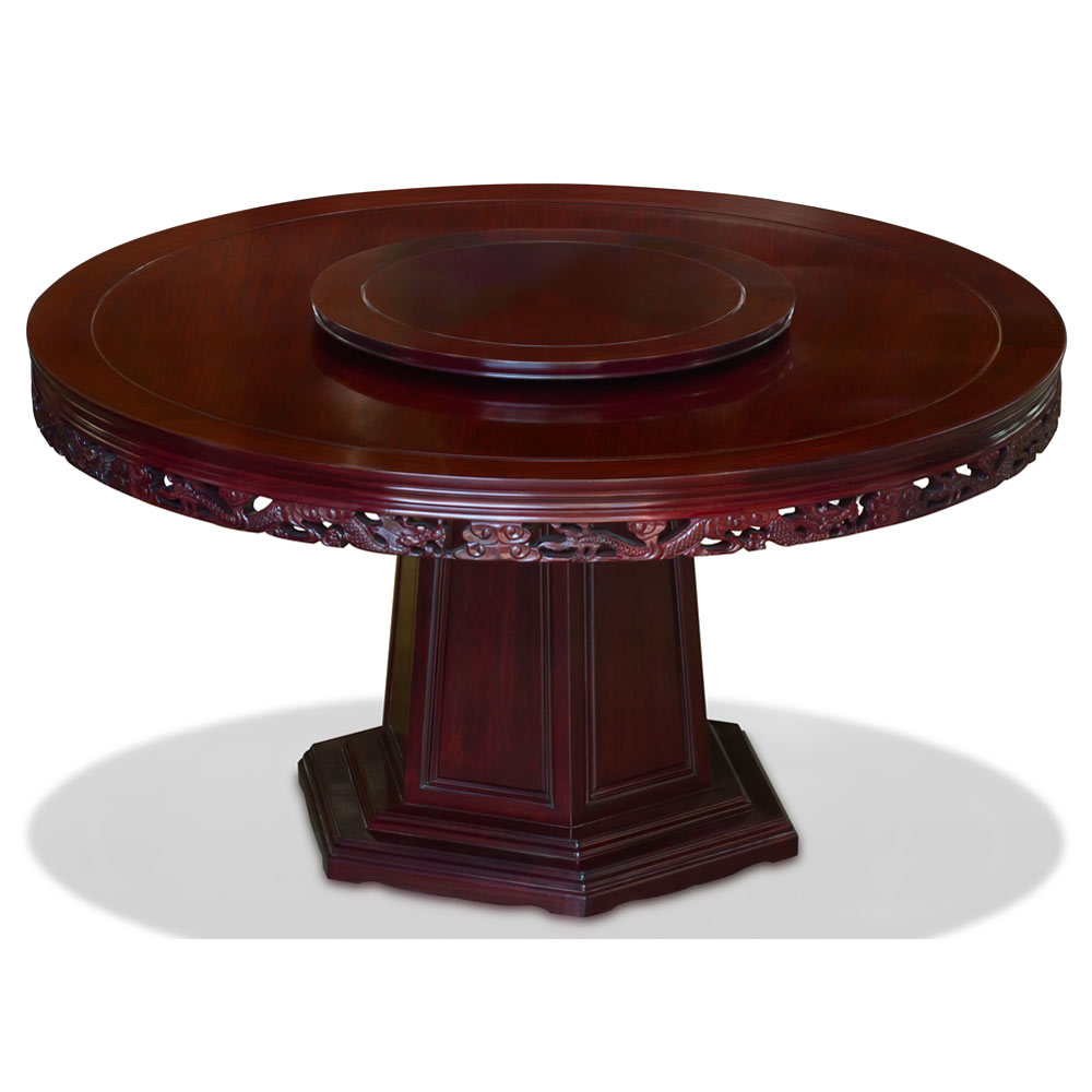 60in Dark Cherry Finish Rosewood Dragon Motif Round Oriental Dining Set with 6 Chairs