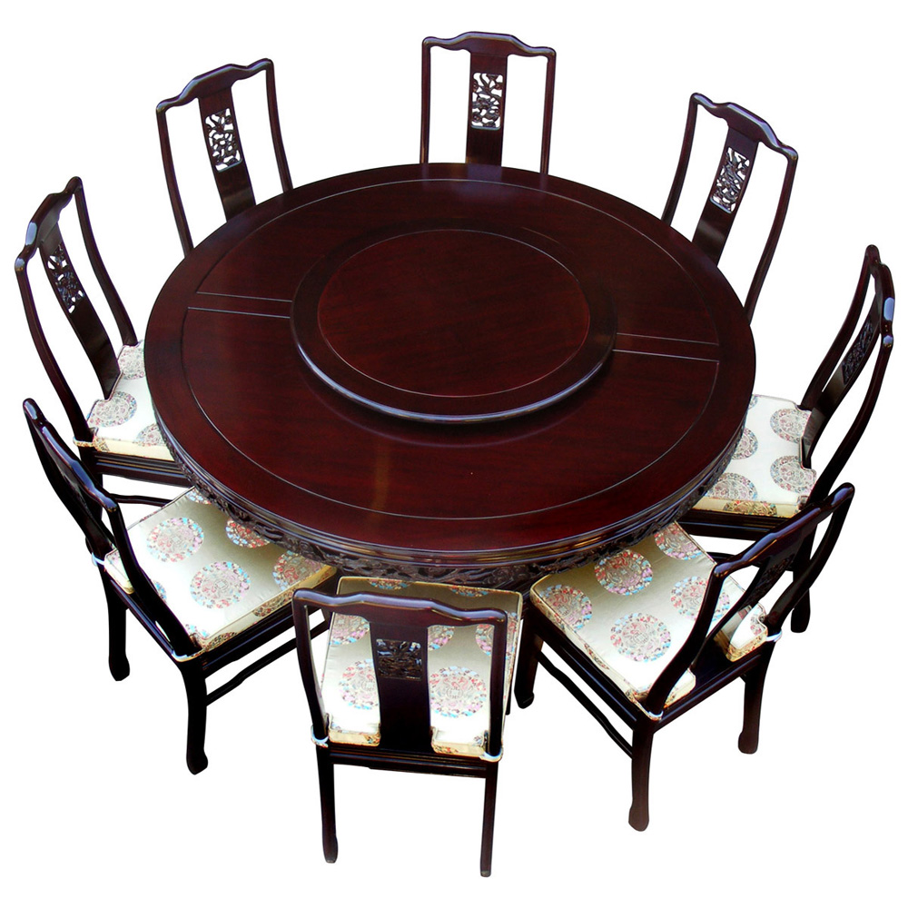 Dark Cherry Rosewood Dragon Round Oriental Dining Set with 8 Chairs