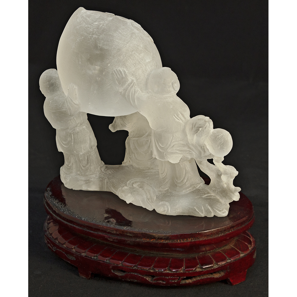 Frosted Quartz Children with Longevity Peach Asian Sculpture