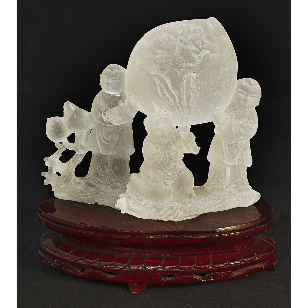 Frosted Quartz Children with Longevity Peach Asian Sculpture