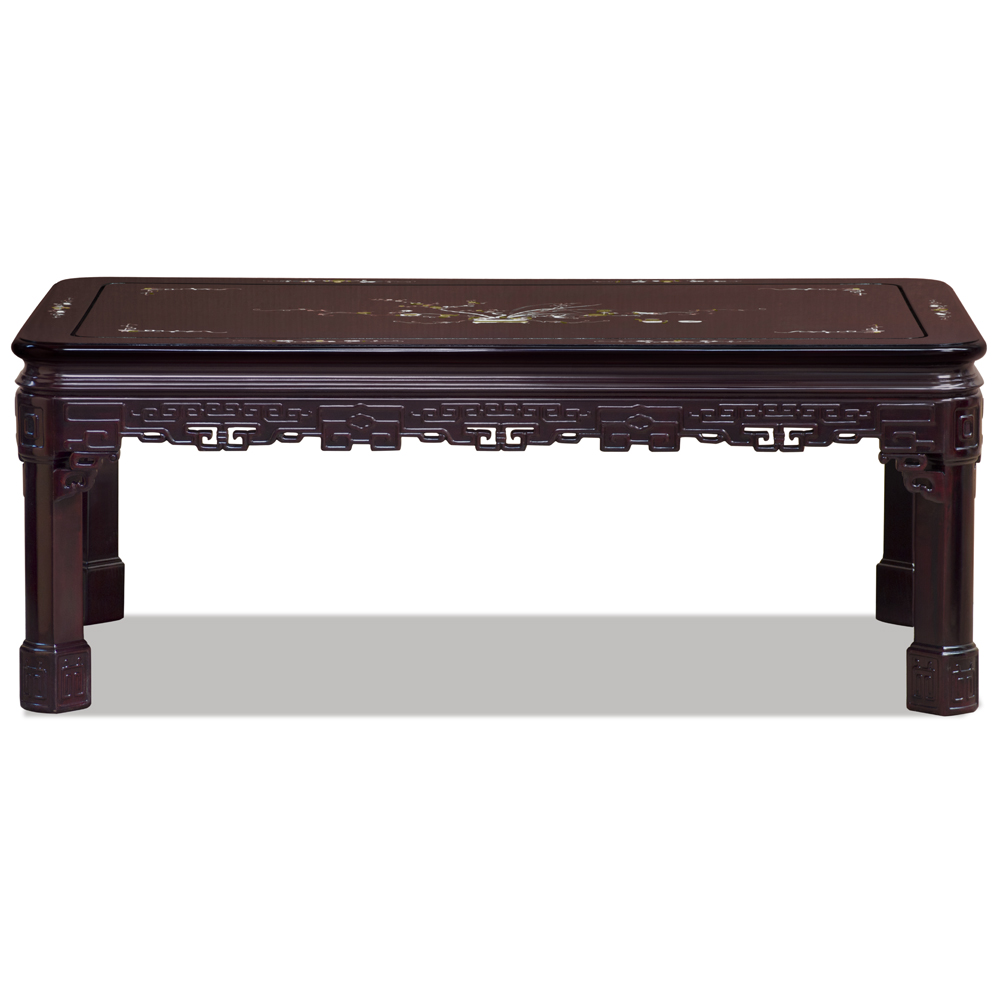 Dark Cherry Rosewood Key Design Chinese Rectangular Coffee Table with Mother of Pearl Inlay