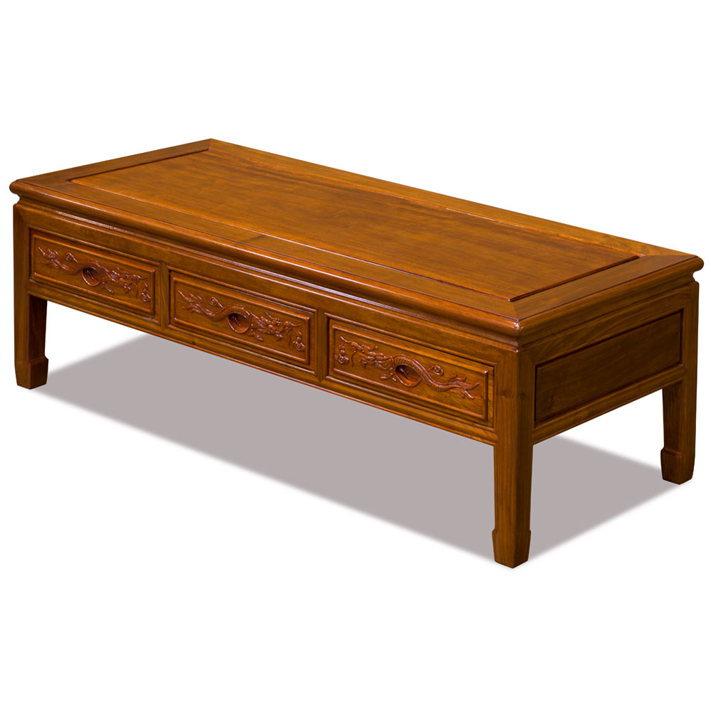 Natural Finish Rosewood Dragon Motif Rectangular Chinese Coffee Table with Three Drawers