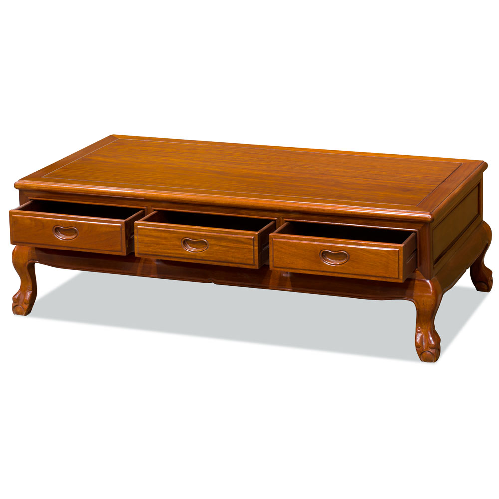 Natural Finish Rosewood Rectangular Chinese Coffee Table with Three Drawers