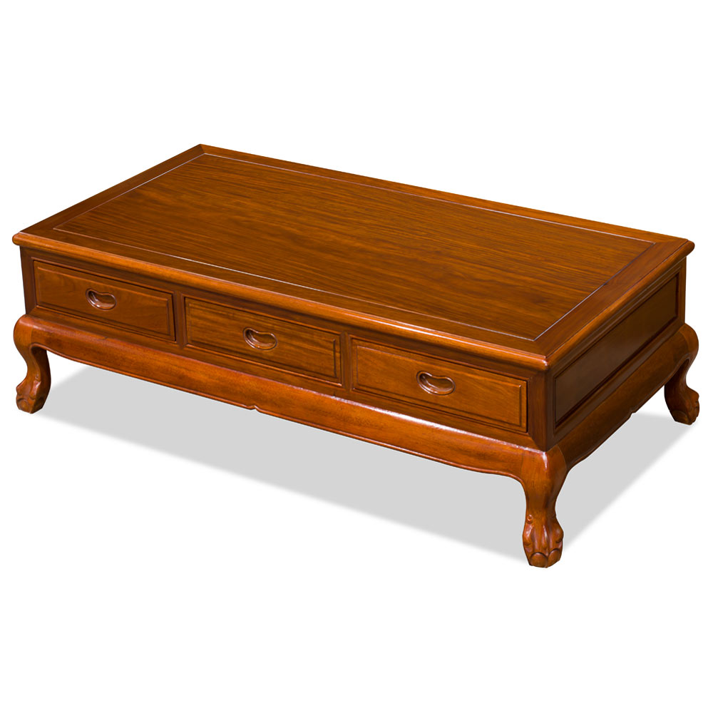 Natural Finish Rosewood Rectangular Chinese Coffee Table with Three Drawers