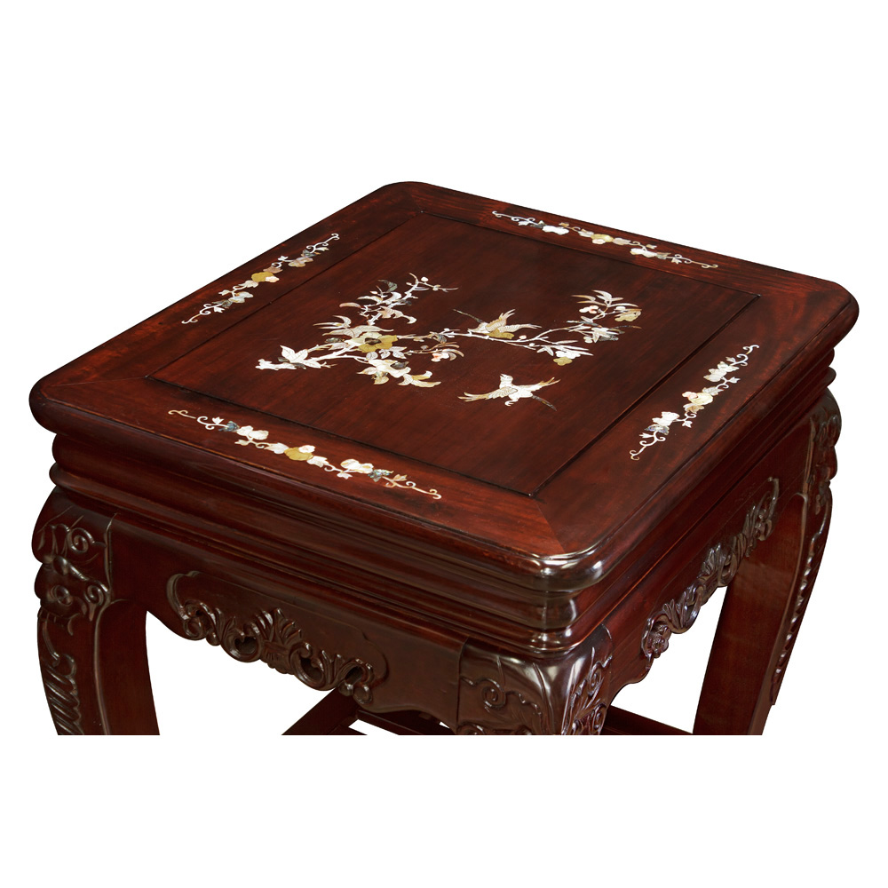 Rosewood Mother of Pearl Inlay Oriental Lamp Table with Shelf