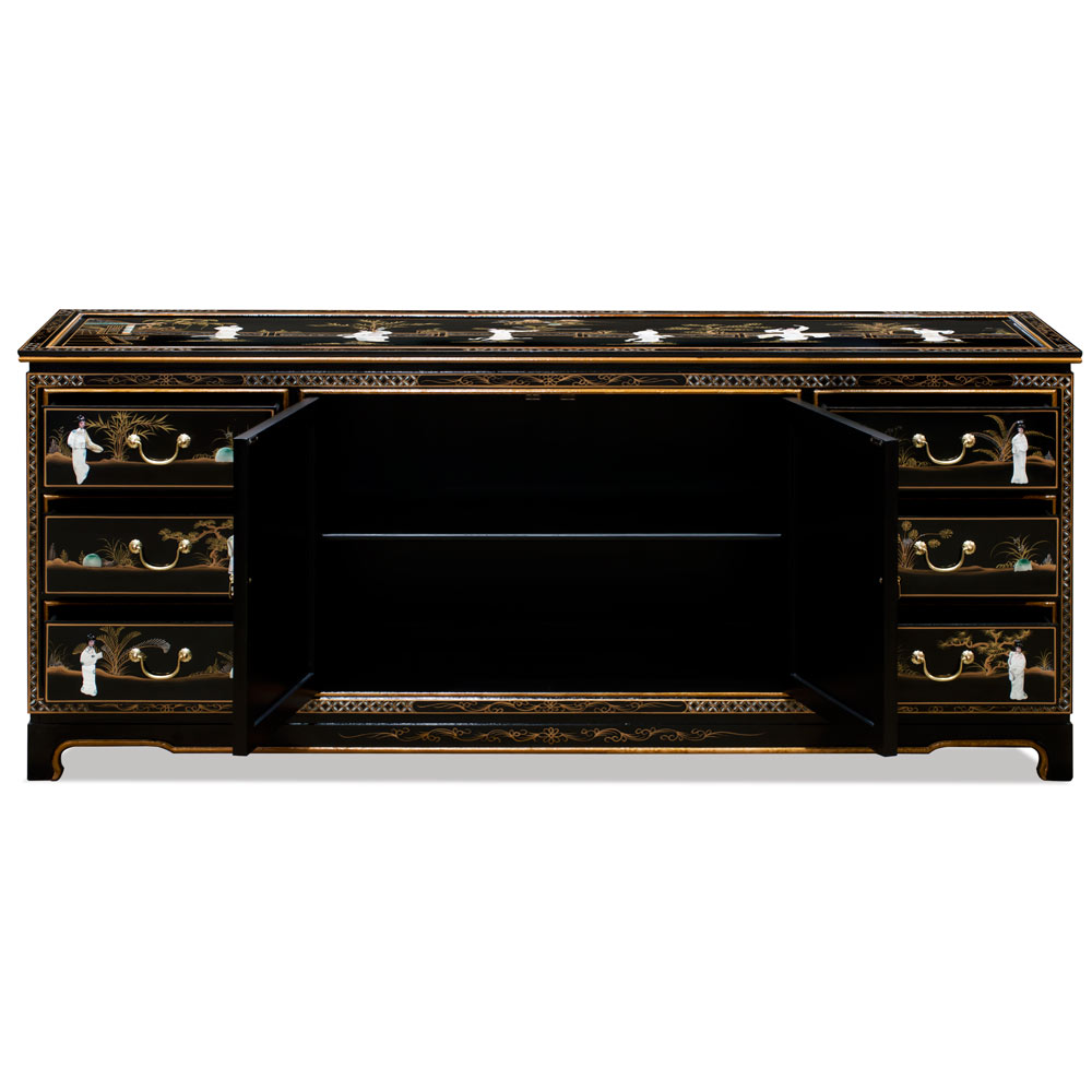 Black Lacquer Mother of Pearl Asian Sideboard