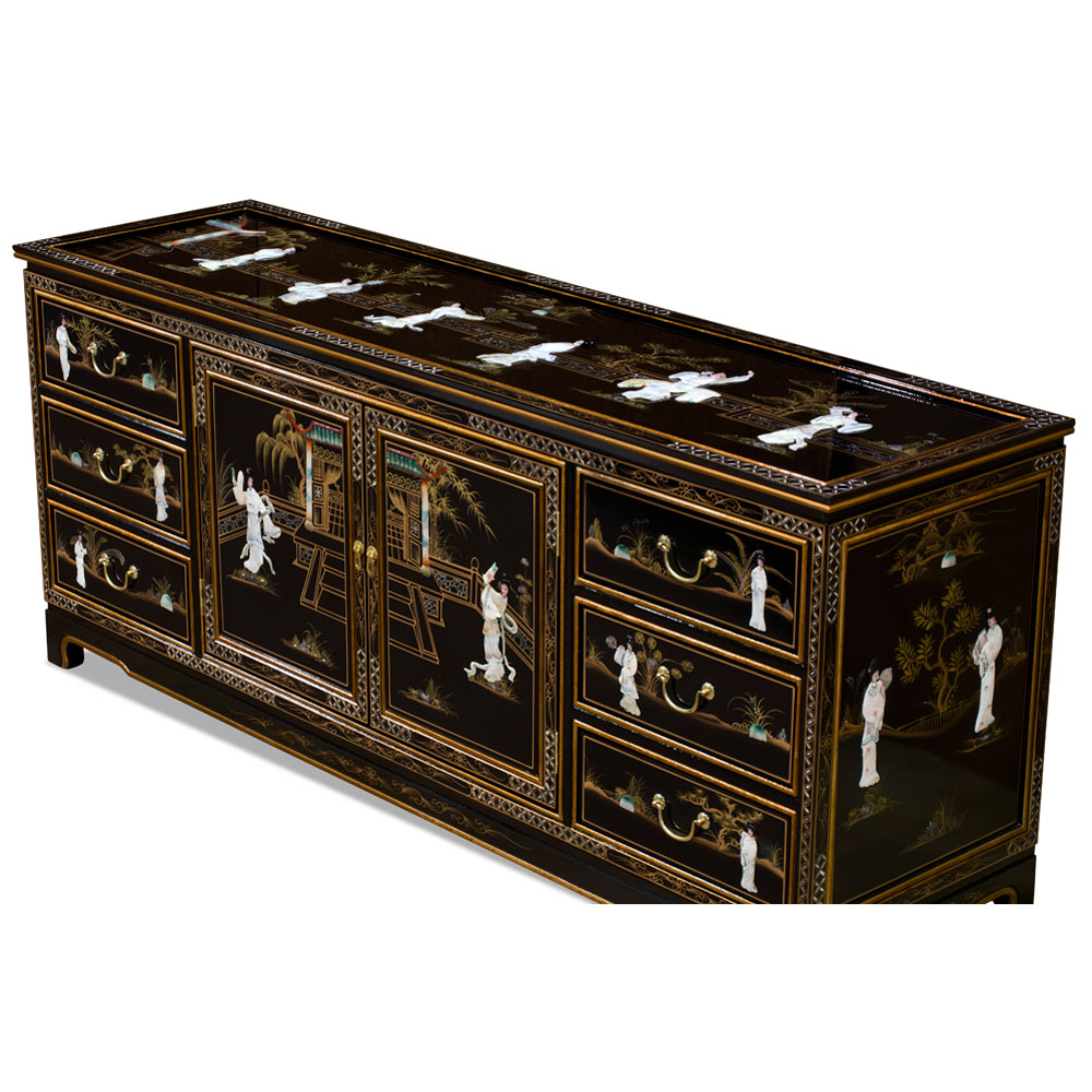 Black Lacquer Mother of Pearl Asian Sideboard