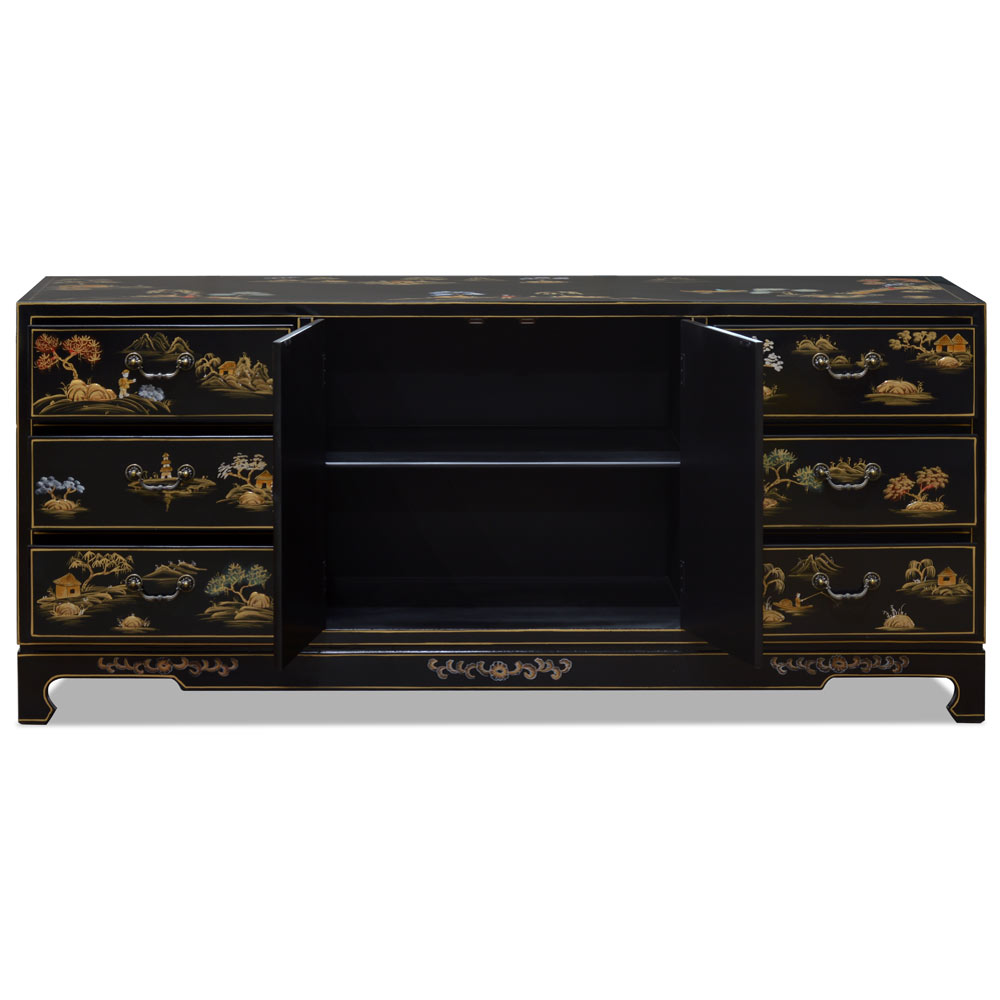 Black Lacquer Chinoiserie Scenery Motif Sideboard