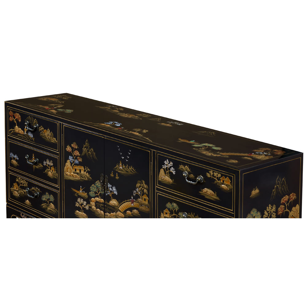 Black Lacquer Chinoiserie Scenery Motif Sideboard