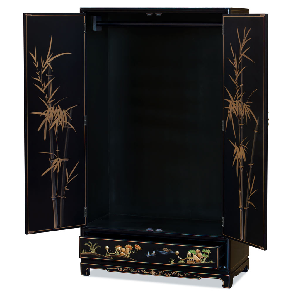 Black Laquer Chinoiserie Scenery Motif Chinese Armoire