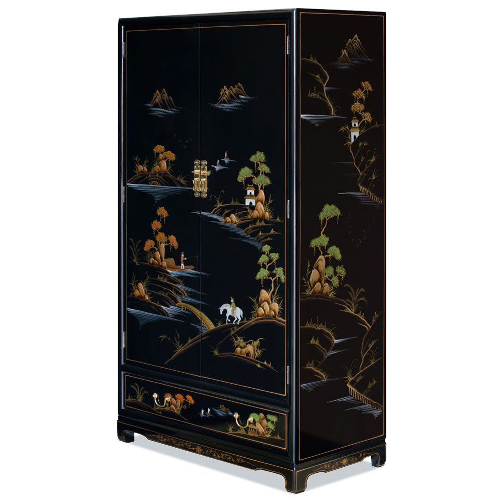 Black Laquer Chinoiserie Scenery Motif Chinese Armoire