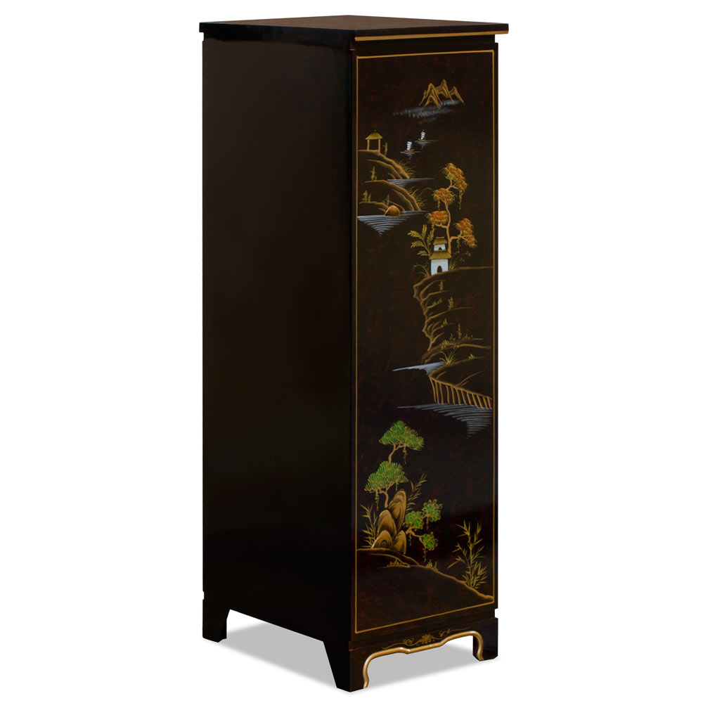 Maroon Lacquer Chinoiserie Scenery Chinese Chest with 5 Drawers